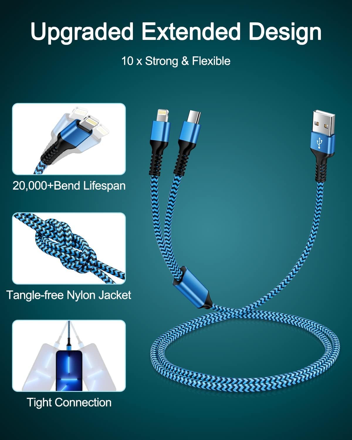 3Pack-4FT Apple & Android USB to Lightning & USB-C 2-in-1 Fast Charger Cable for iPhone 17 17Pro 16e 16 15 14 Pro Max Plus 13 12, Samsung Galaxy A17 A16, Google Pixel 10, Multi USBC Lighting USB Cord