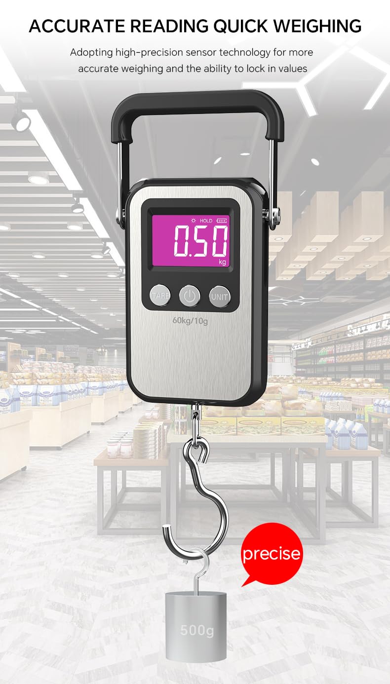 Digital Luggage Weight Scale 132lb 60kg Hanging Scales Fish Scale, 2 AAA Batteries (Not Included) (Black)