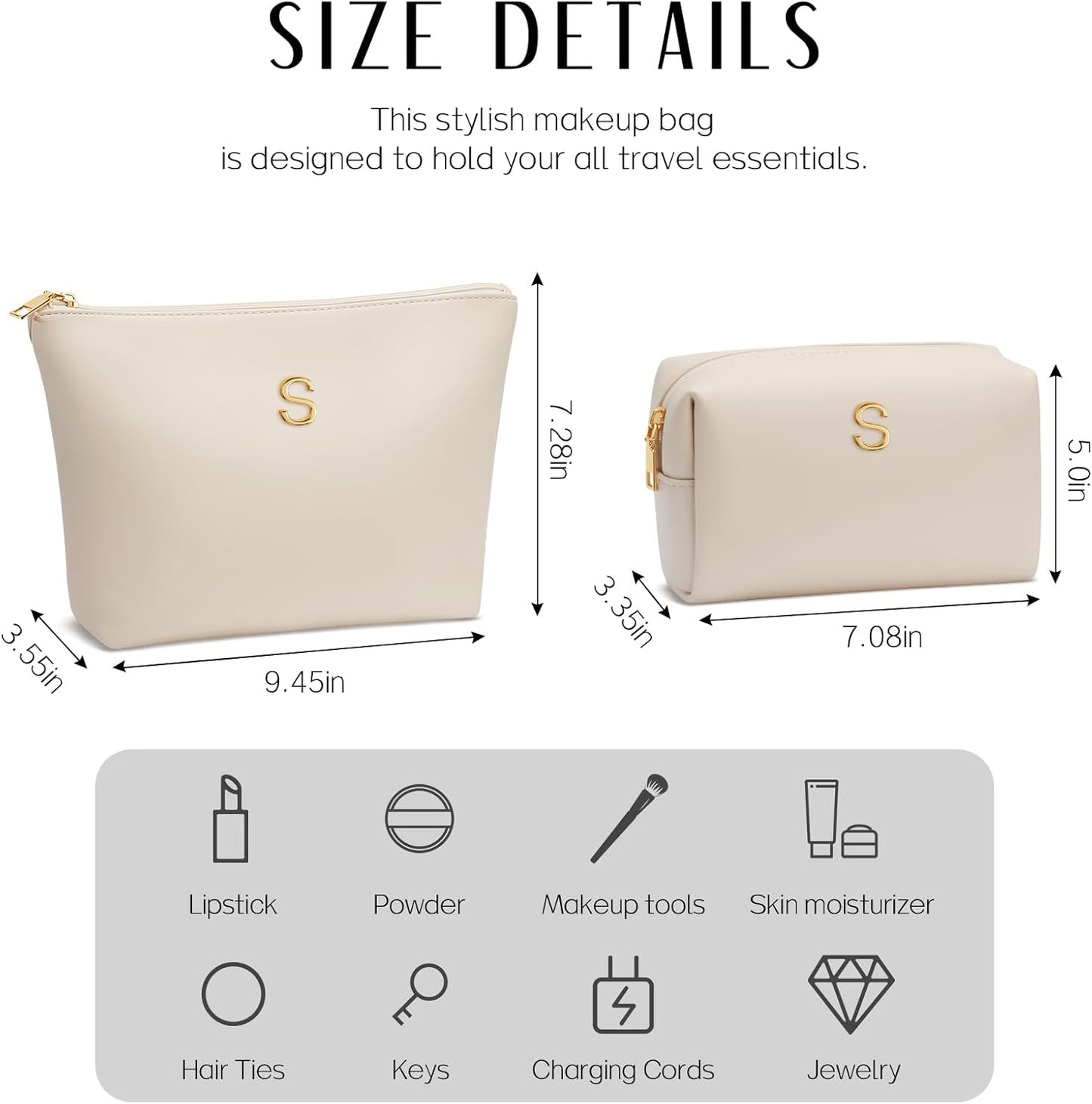 Women Gifts | Initial Makeup Bag Set for Girl Personalized Gifts for Bridesmaid Friend Graduation Teachers PU Leather Cosmetic Travel Toiletry Bag(Beige,S)