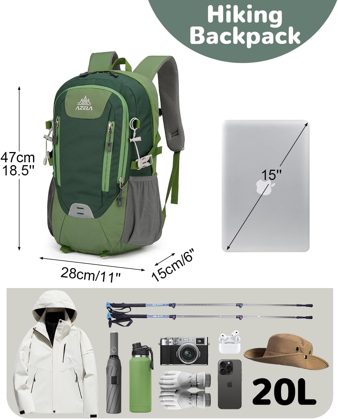 20L Small Reflective Hiking Backpack with Padded Straps for Men Women, Lightweight Travel Daypack, Green