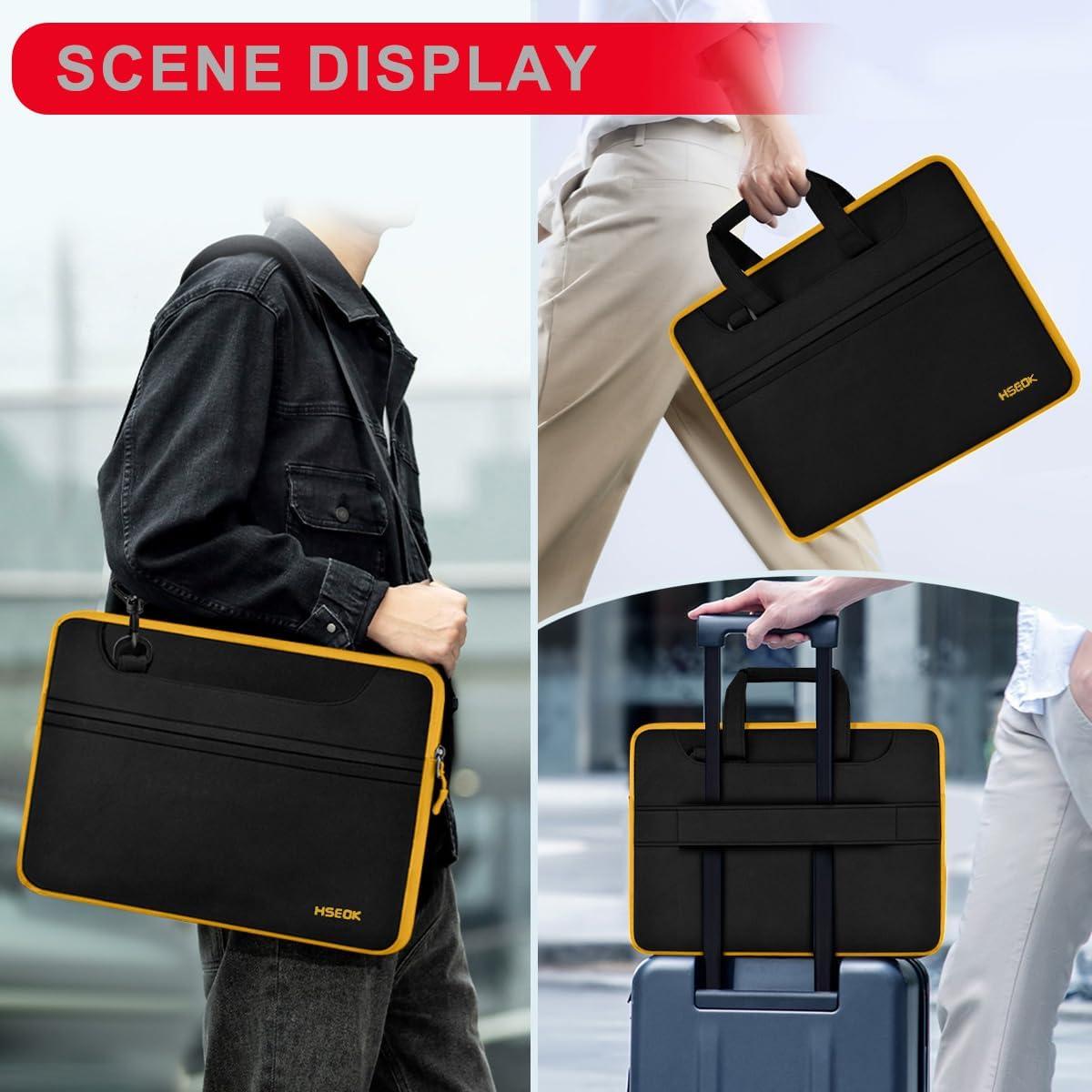 Laptop Case 15.6 inch Shoulder Bag, Durable Shockproof Protective Computer Carrying Briefcase with Multi-Pockets and Strap Compatible with Most 15.6 inch Notebooks,Black yellow