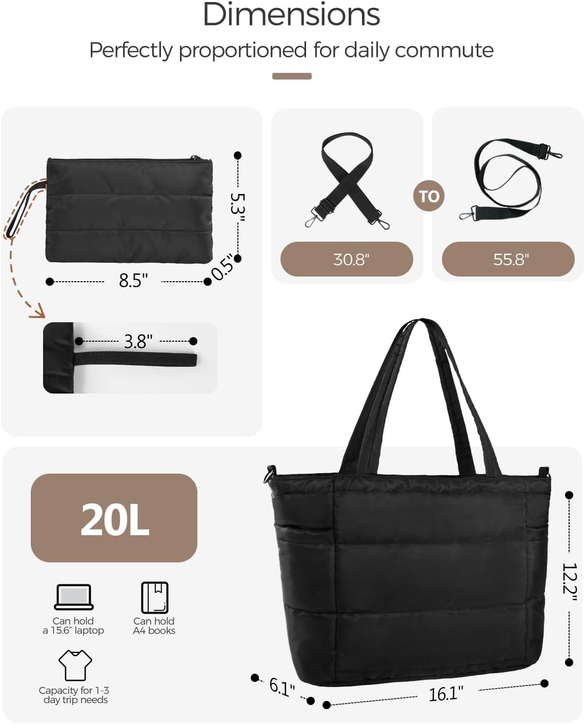 Puffer Tote Bag for Women, Lightweight Quilted Work Purse with Phone Pocket Fits 15.6" Laptop for Nurse Teacher Travel