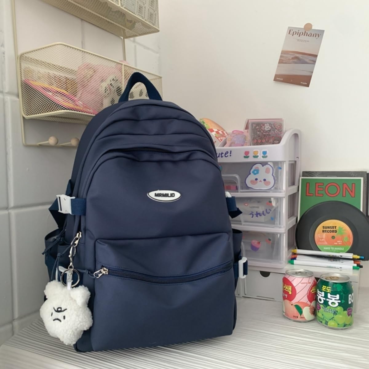 Kawaii Backpack with Cute Accessories Casual Aesthetic Daypack Simple Laptop Bag Waterproof Travel Rucksack for Women (dark blue)