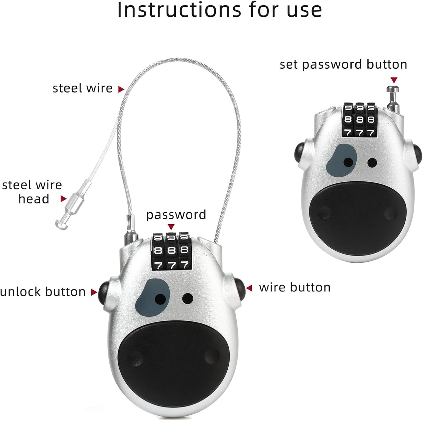 Wire Combination Lock Cable Retractable, Ideal for Chaining Multiple Travel Cases, Luggage, Backpacks, Cycling Helmets, Strollers, Playground Sports Bags, etc. (Silver)