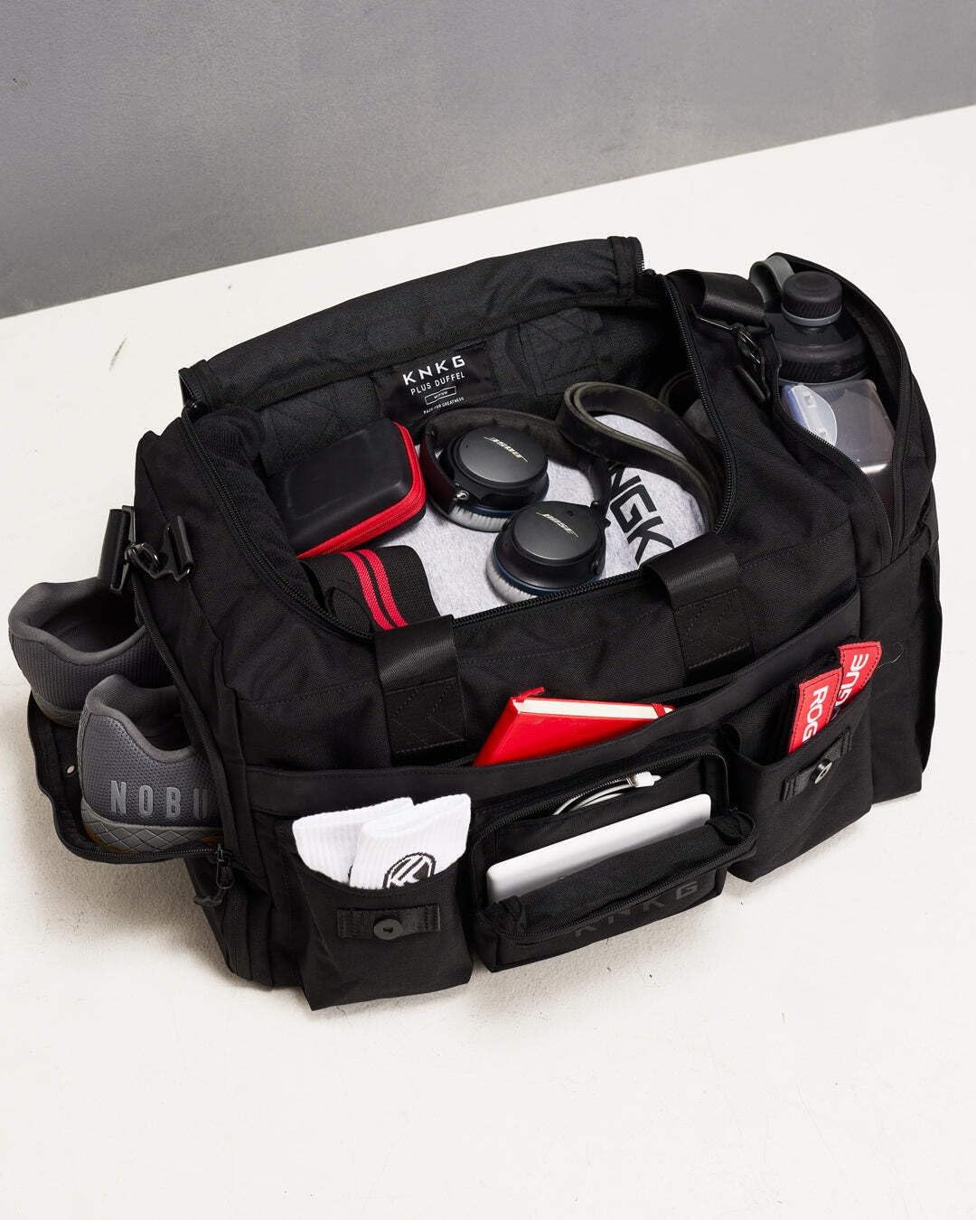 PLUS 63L Large Duffel Bag – Spacious, Durable Gym Bag with Dual Shoe Storage, Multiple Compartments & YKK Zippers for Fitness & Travel - Redwood (Black, Medium 45L)