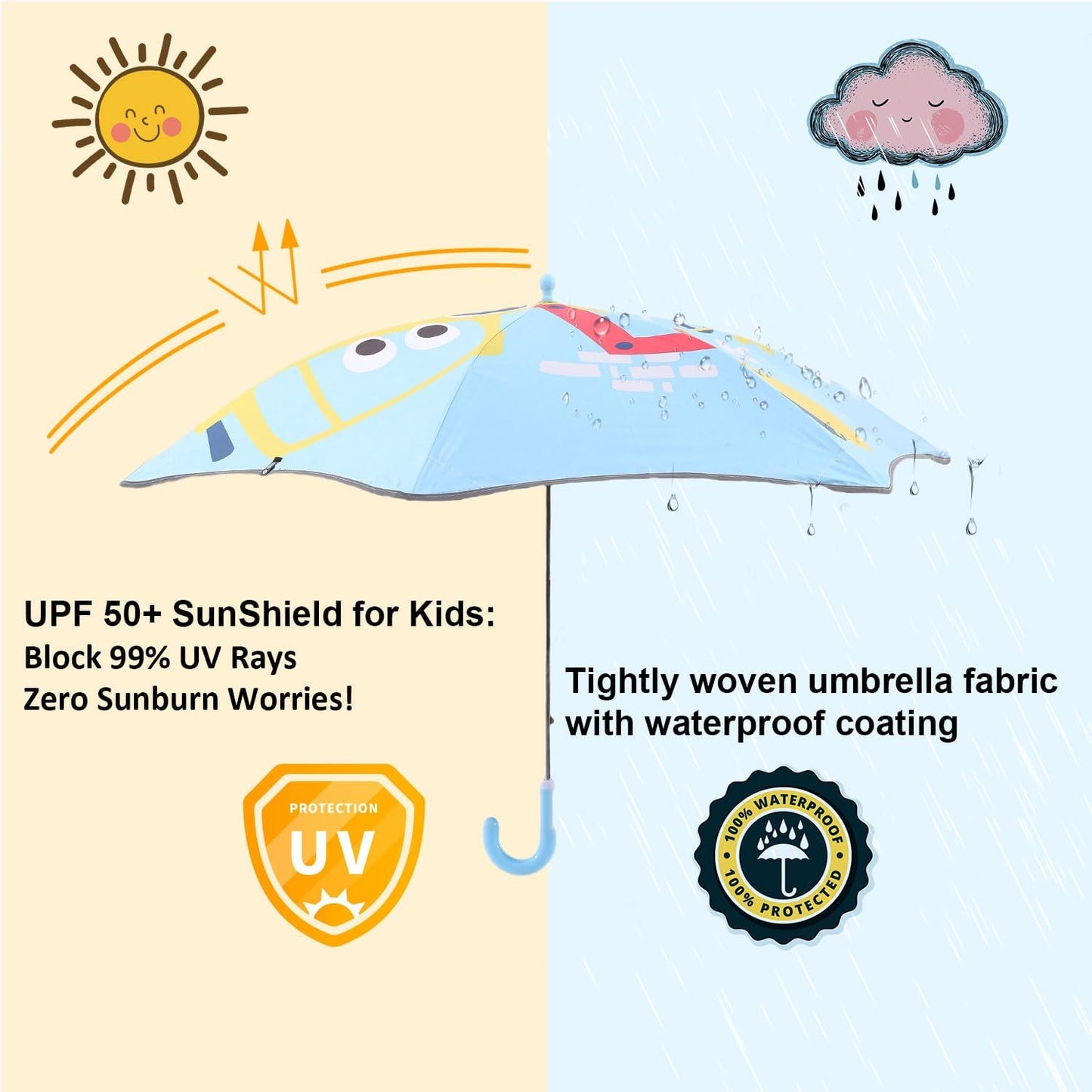 Kids UV and Rain Umbrella Sun Protection With Round Edges for Boys Girls Toddlers Easy Grp Curved Handle Stick Umbrella with Reflective Strip