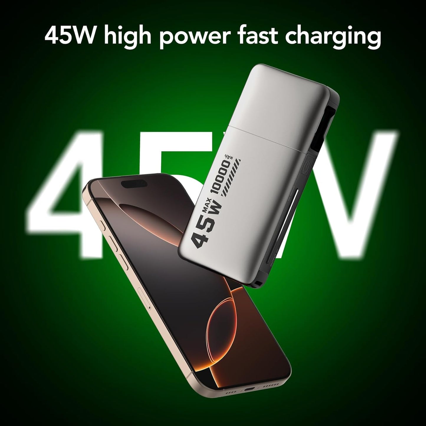 MFish 45W Power Bank, Portable Charger Built-in Retractable Cables with LED Display, 10000mAh 2 USB-C Fast Charging Powerbank for iPhone 16/15 Series, MacBook, and More