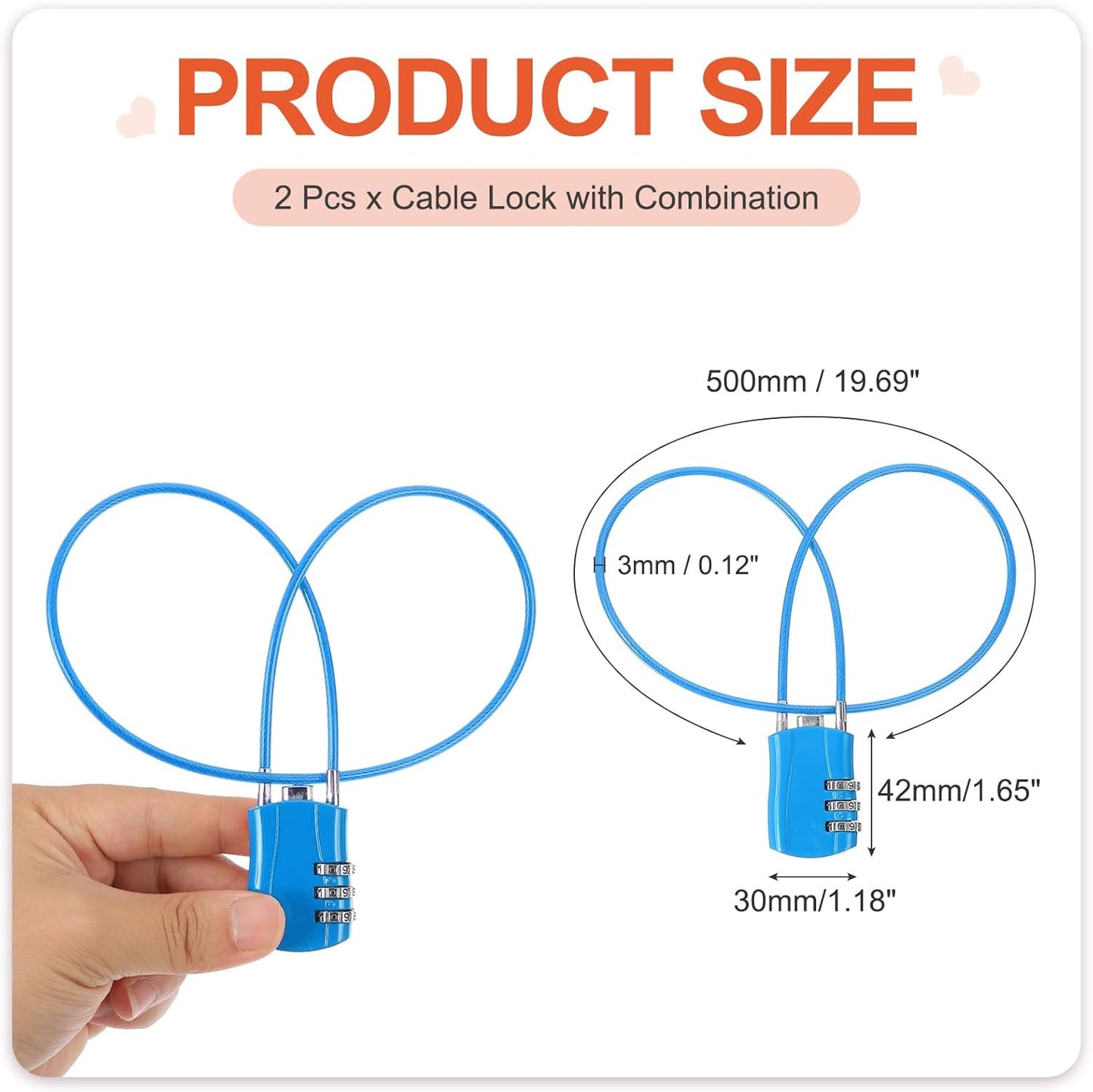 MECCANIXITY 2 Pcs Luggage Travel Lock, 3 Digit Cable Combination Lock 1-3/16" Width Body with 20" Long Cable for Suitcase Bag Cabinets Small Fences Gym, Blue