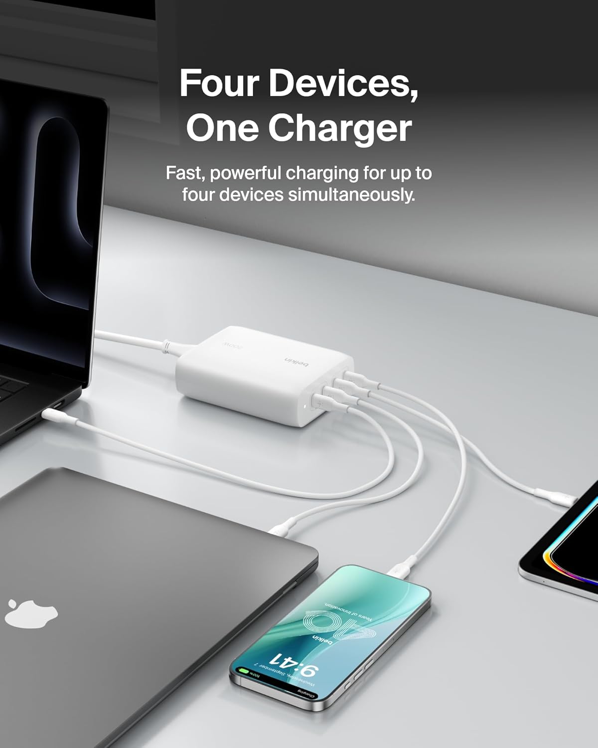 Belkin 4-Port USB C Charger Block 200W - GaN Charger USB-C PD 3.1 Fast Charge + 5ft Power Cord - MacBook, Apple iPhone 17, iPad, Samsung Galaxy S25, Google Pixel 10, Nintendo Switch 2 & More - White