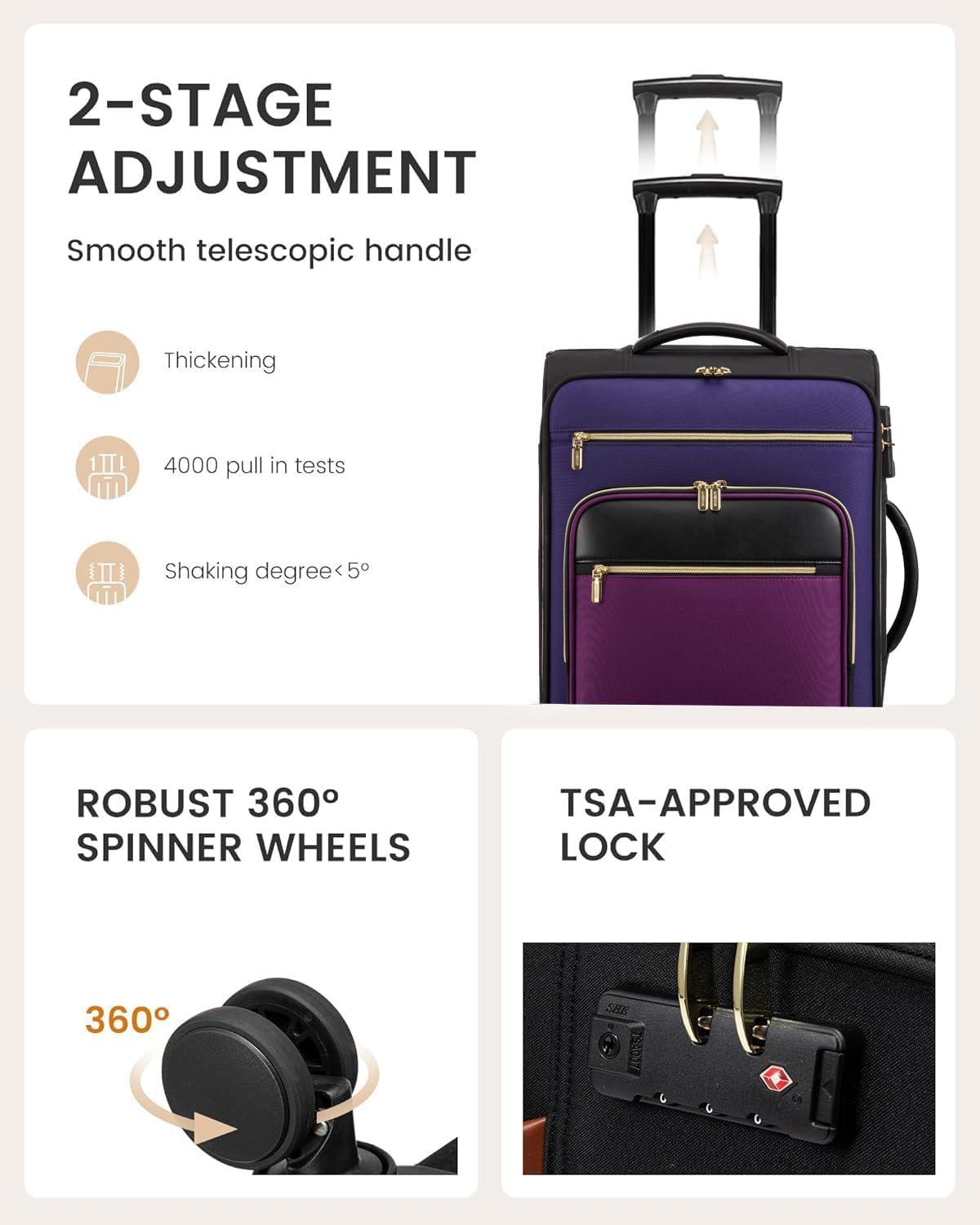 LOVEVOOK Carry on Suitcase 22x14x9 Airline Approved,20 inch Lightweight Waterproof Suitcases with 360° silent swivel wheels, TSA Lock and Compartment, travel Suitcase Black-violet-indigo-Purple
