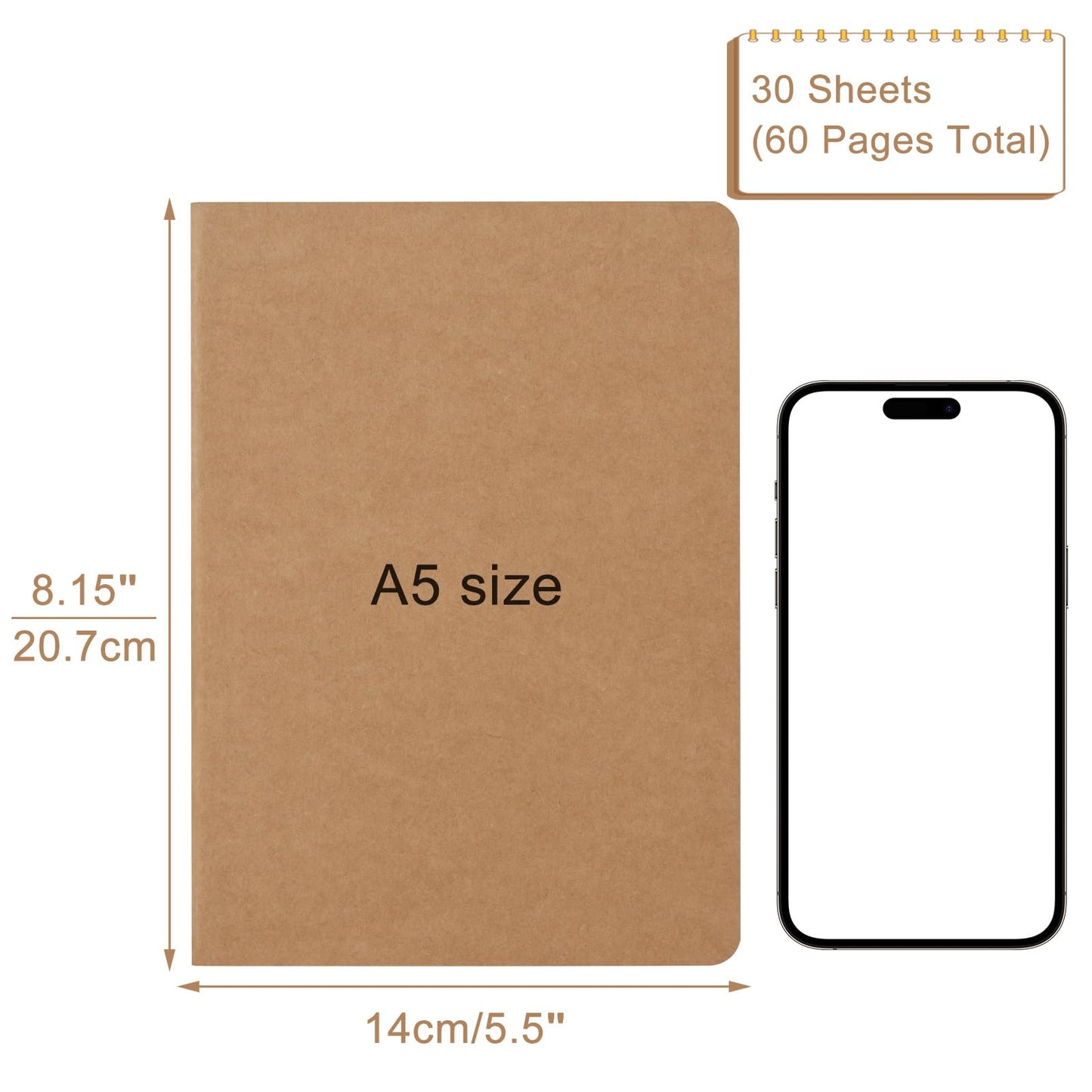 ZCZN 5 Pack A5 Kraft Notebooks Bulk, 8.15x5.5 Inches Lined Paper Journaling Notebooks, Notebooks