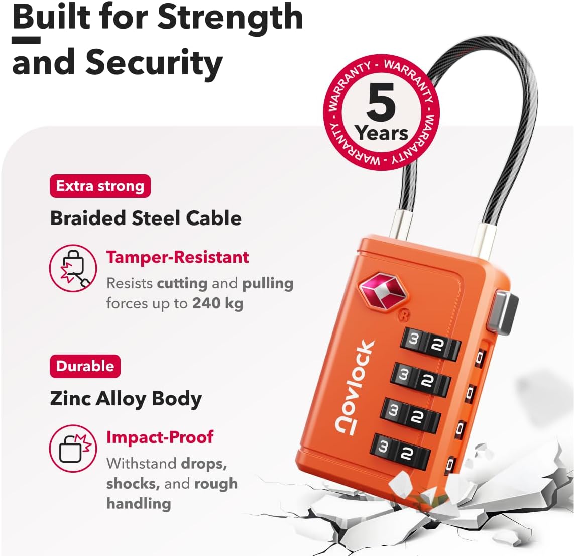 TSA Approved Luggage Lock | Inspection Indicator, 4-Digit Combination, Durable Zinc Alloy | for
