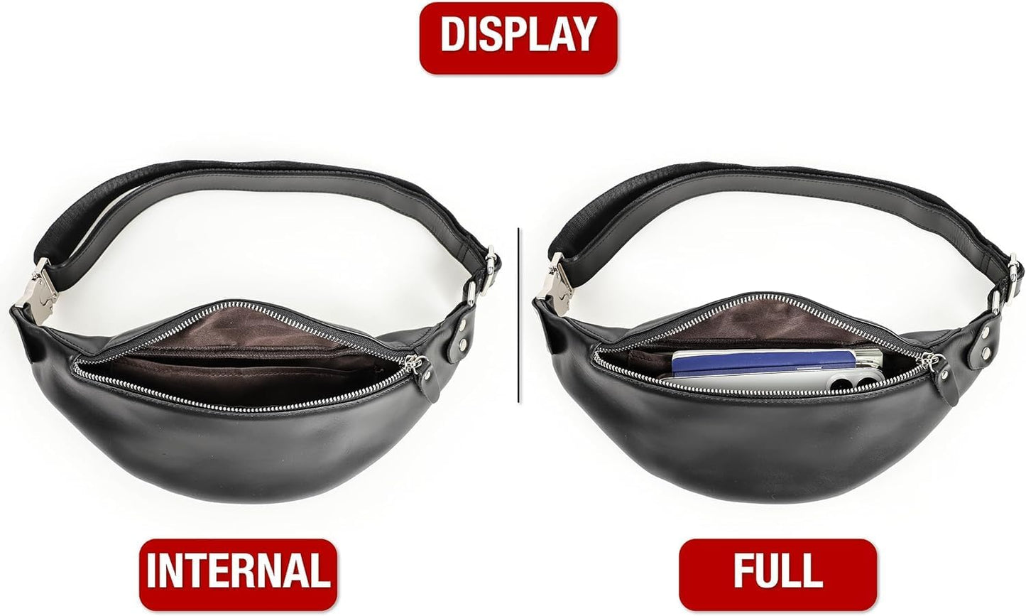 Slim Genuine Leather Waist Pack for Men Women Vintage Crossbody Fanny Pack Travel Riding Detachable Belt Bag (Glossy Black)