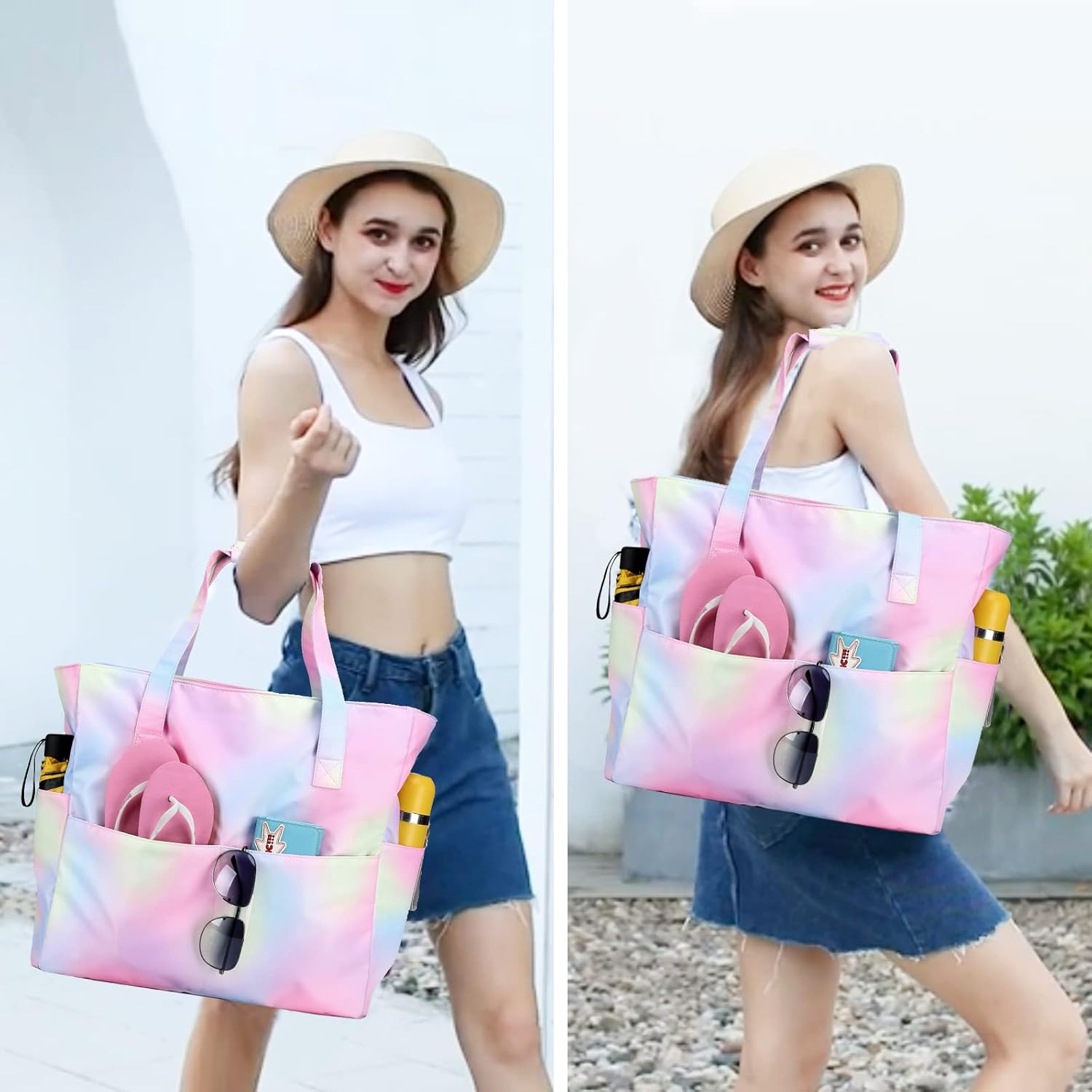 Beach Pool Bags Tote for Women Ladies Large Gym Tote Carry On Bag With Wet Compartment for