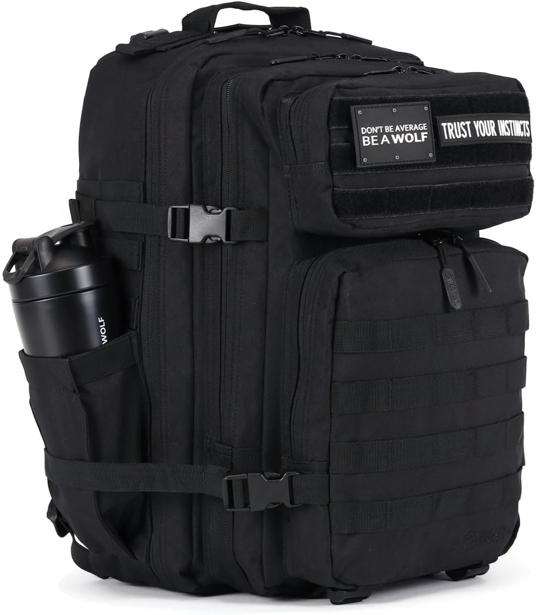 WOLFpak 45L Athletic Gym Backpack - Durable 1000D Waterproof Oxford Material with MOLLE Webbing, Laptop Pocket & Dual Cup Holders, Durable Fitness/Travel/Military Daypack (Alpha Black)