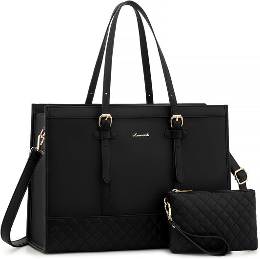 LOVEVOOK Laptop Tote for Women, 17.3 inch Waterproof PU Leather Computer Bag, Large Capacity Work Tote, Black