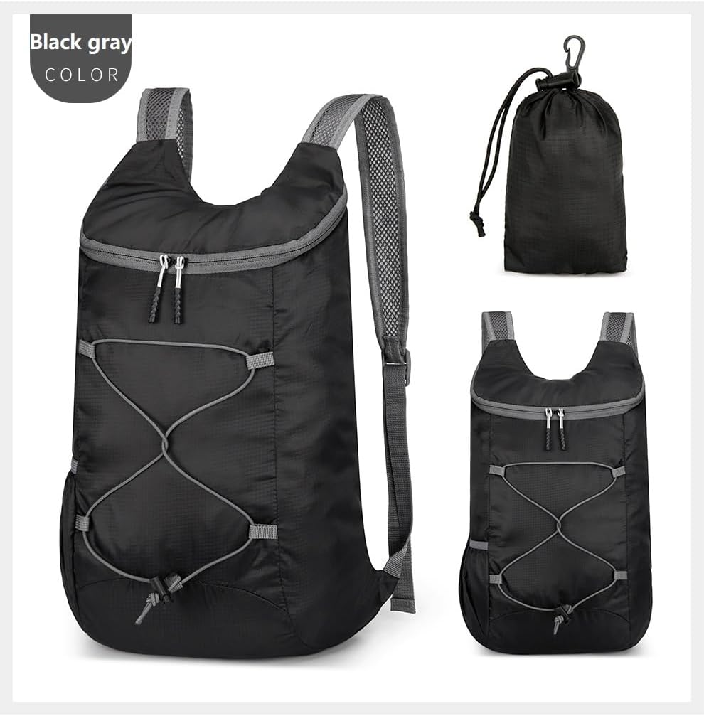16L Lightweight Foldable Hiking-Backpack Small Packable-Daypack For Travel,Ultralight Water-Resistant Gym Bag Men Women Easy Carry-on (Black&Gray)