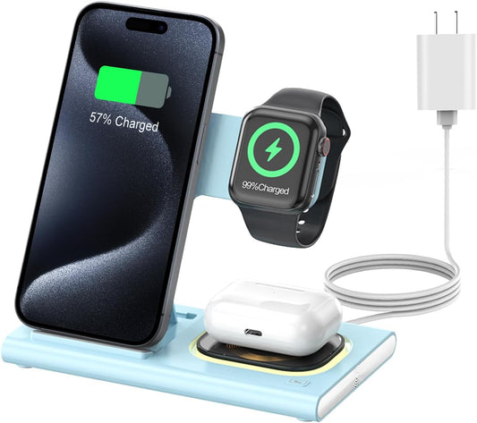 3 in 1 Charging Station for iPhone 17 - Wireless Charger for Apple Products for iPhone 17 16 15 14 13 12 11 Pro Max - Foldable Wireless Charging Station Dock Stand for iWatch Series & AirPods(Blue)