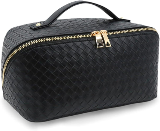 Travel Makeup Bag – Large Cosmetic Organizer with Waterproof PU Leather, Smooth Double Zipper & Tear-Resistant Lining, Toiletry Pouch for Women (Black)