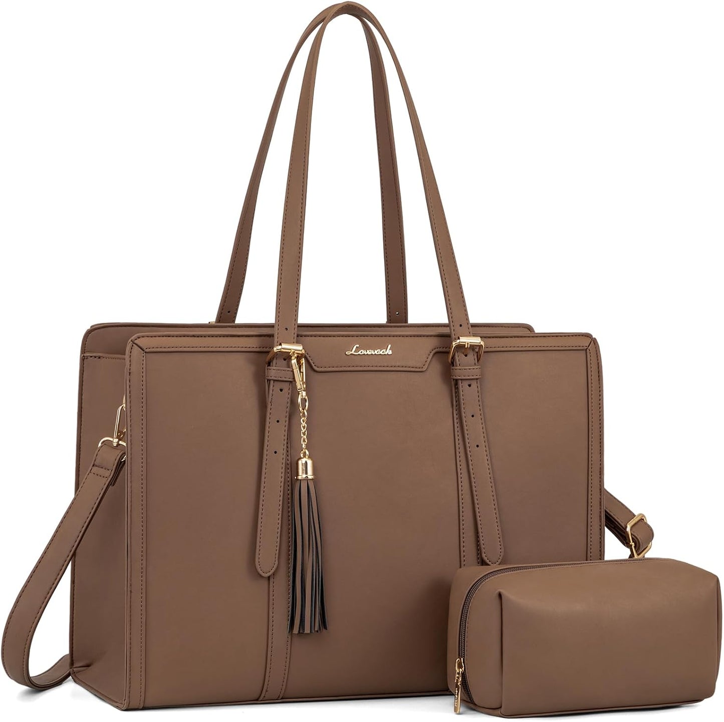 LOVEVOOK Laptop Tote for Women - 15.6 inch Lightweight PU Laptop Bag, Large Capacity Computer Bag with Clutch Purse for Business, Work, Office, Travel, Khaki