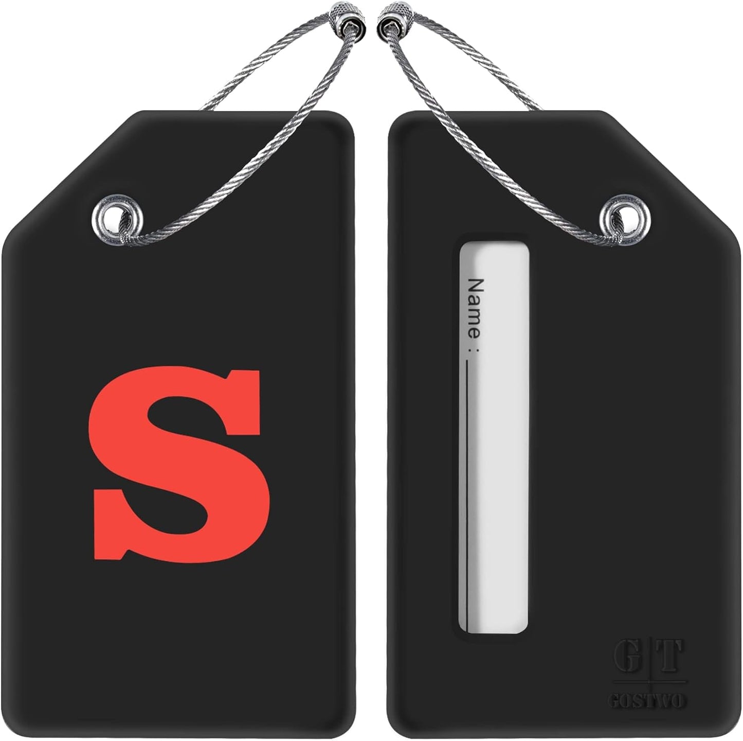 Gostwo 2 Pack Silicone Luggage Tags for Suitcases, 26 Initial Letter Baggage Labels Handbag School Bag Suitcase Instrument Tag with Stainless Steel Loop(Black & White) (Letter S)