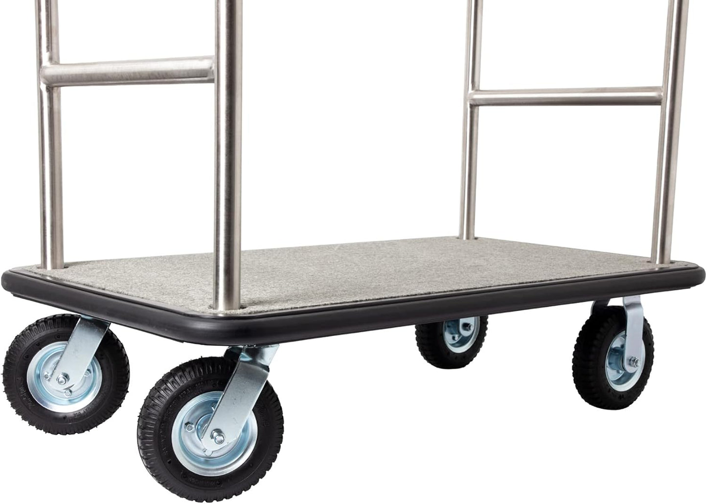 Stainless Steel Luggage Cart – Hotel Bellman Heavy Duty 1.5" Welded Steel Frame Valet Cart w/Grey Carpeted Deck & Rubber Wheels – Wheels for Travel & Outdoor Use - 1200 lb