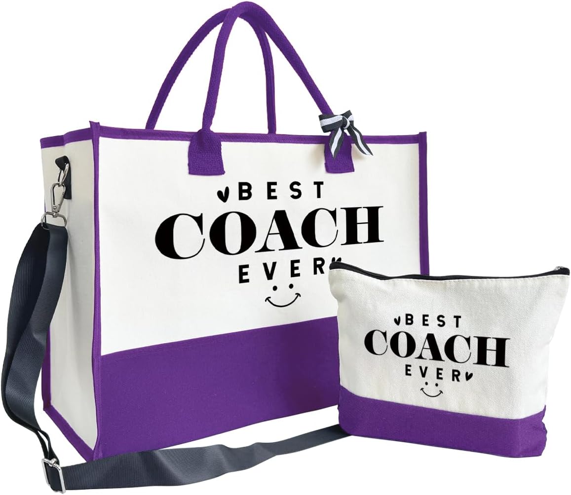 SUSZDOU Gifts for Best Coach Ever - Canvas Beach Tote Bag with Matching Makeup Pouch, Durable Travel Gym Camping Bag, Thank You Gift for Sports Coach, Female Trainers Gifts for Women I1