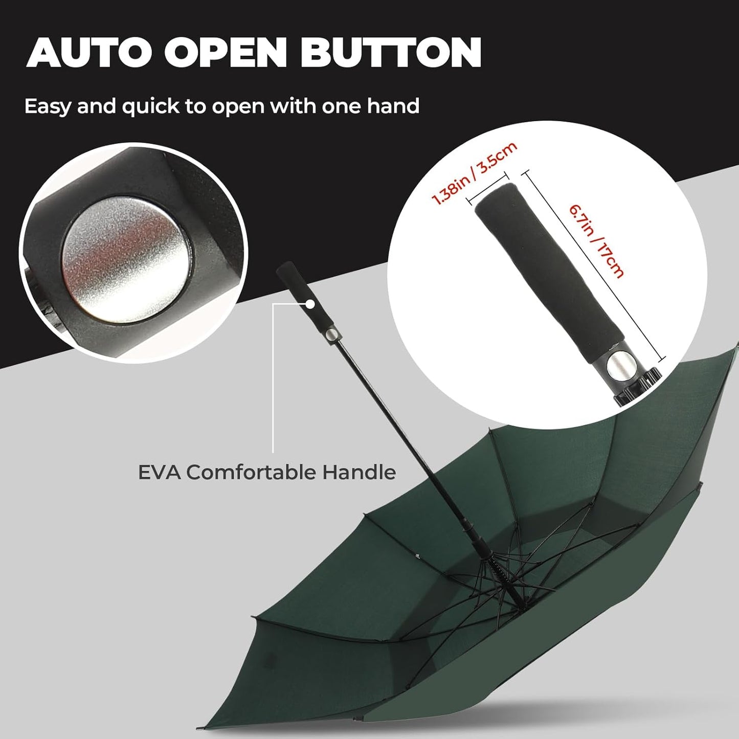 LLanxiry Automatic Open Golf Umbrella 54/62/68/72 Inch, Extra Large Windproof Vented Double Canopy Stick Umbrella, 210T Pongee Waterproof SPF 50+, Fiberglass Ribs, EVA Grip for Golf & Commute