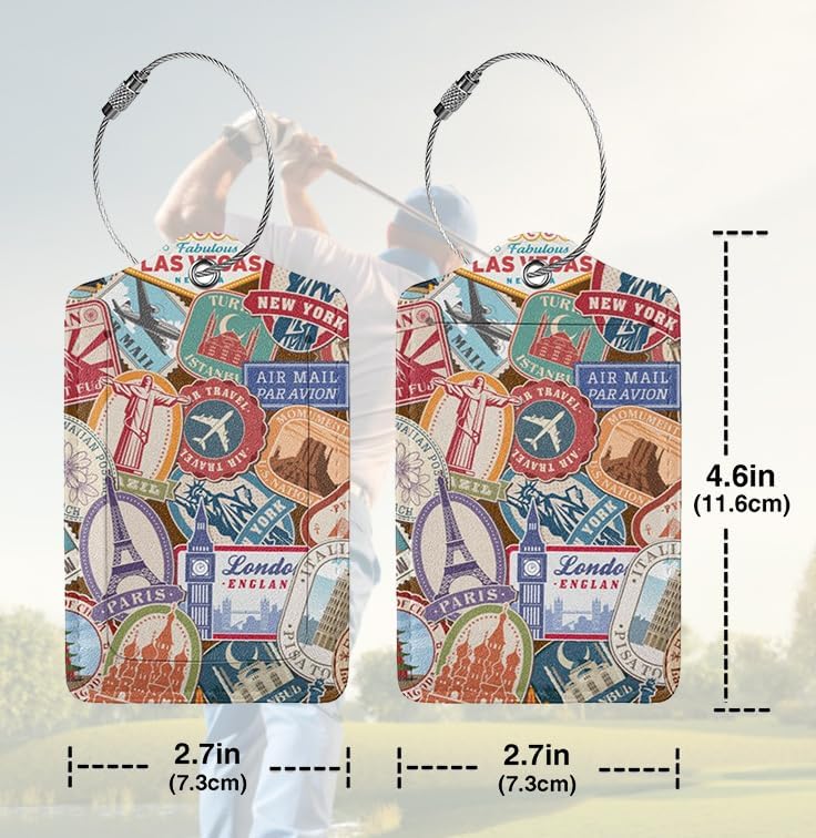 Travel Stamp 2 Pack Luggage Tags Travel PU Cute Leather Luggage Tag Name ID Labels with Privacy Cover Suitcases Women Men Girls Boys Fun Laggage Tags