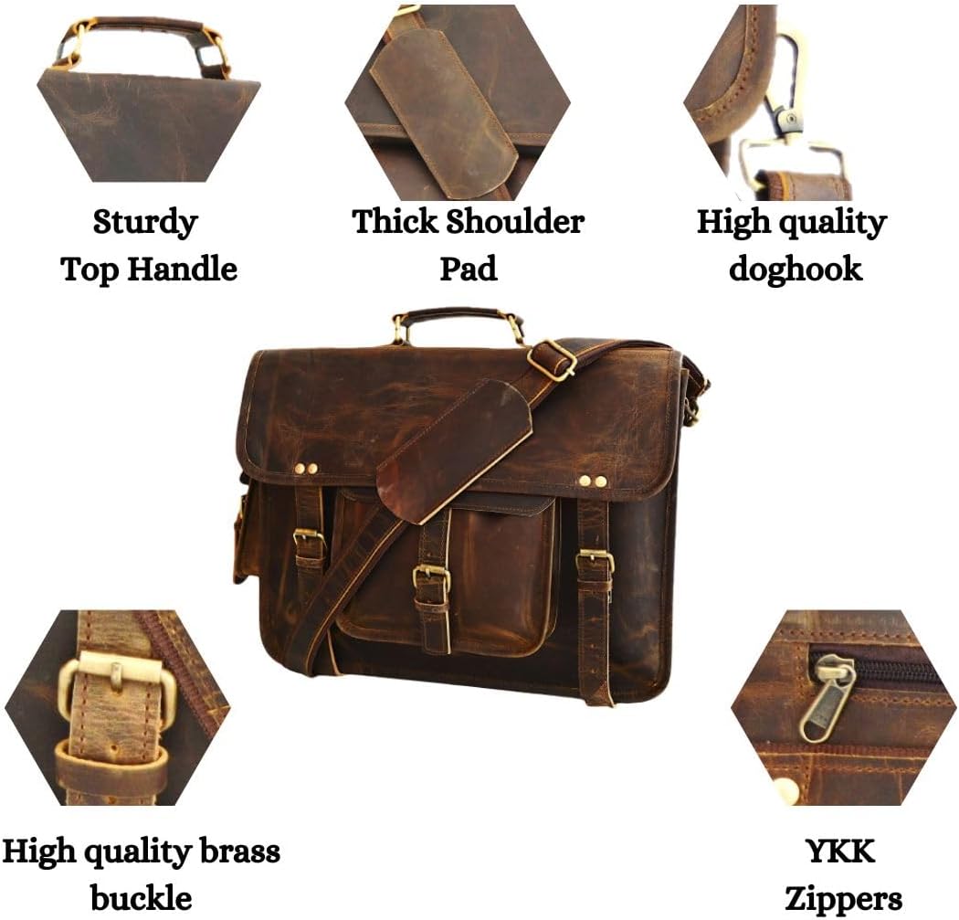Satchel And Fable 16 inch Leather Messenger bag for men Handmade Vintage Laptop Computer Shoulder Brown Office Briefcase (Dark Brown, 16" L x 12" H x 4" W)