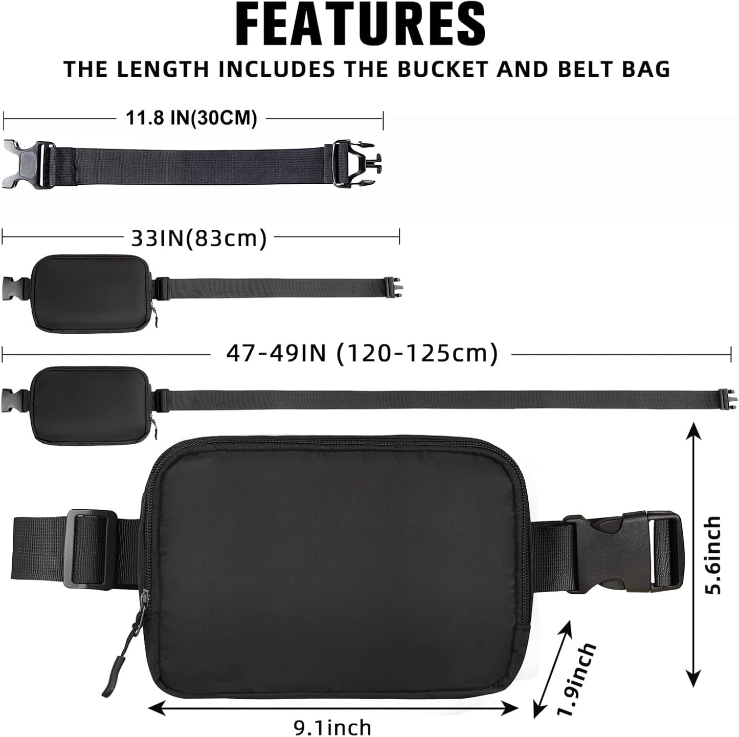 Fanny Pack for Women Men,Fashion Crossbody Bag Mini Belt Bag with Adjustable Strap and 11.8in Extension Belt, Waterproof Waist Bag for Outdoor Running Hiking Walking Travel (Black)