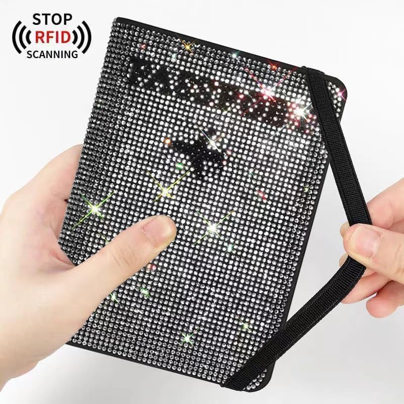 Genuine Leather Wallet Passport Holder for Men and Women Travel Organizer with Bling Rhinestone Design Elegant and Stylish (Grey)