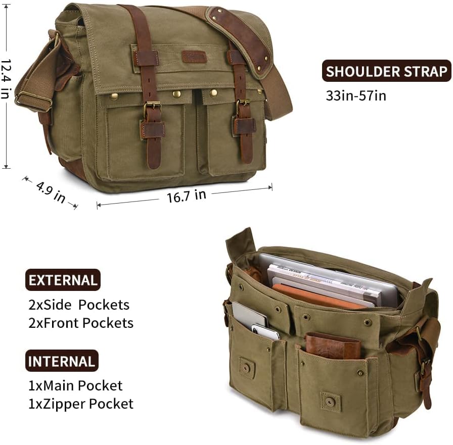 Kattee Military Messenger Bag Canvas Leather Shoulder Bag