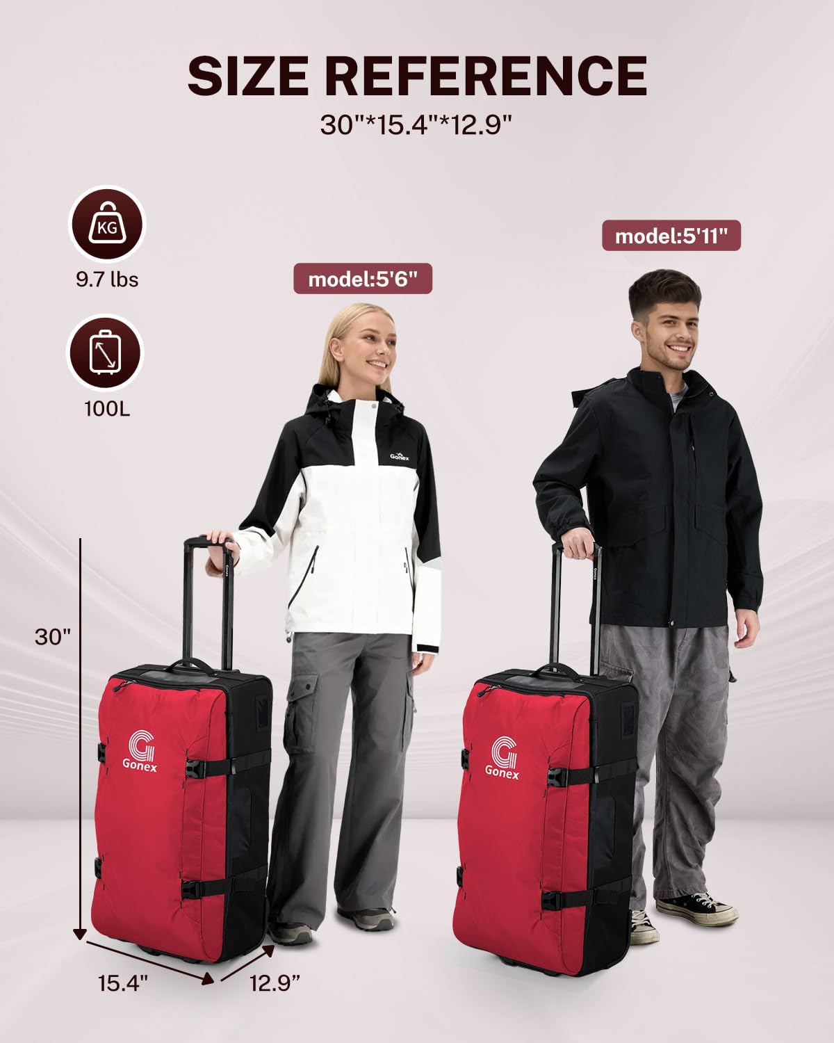 Gonex Rolling Duffle Bag with Wheels, Water-repellent 30 inch Nylon Large Wheeled Travel Duffel Luggage with TSA Lock & Telescopic Handle 100L, Red
