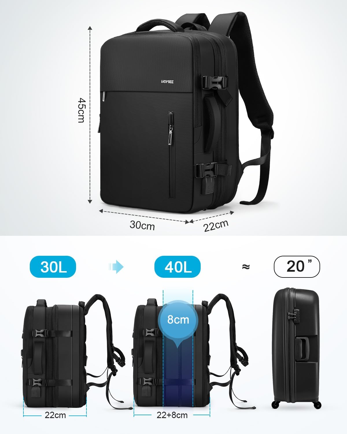 HOMIEE 40L Travel Backpack TSA Approved Personal Item Bag Carry on Luggage 18x14x8 Expandable Laptop Backpack for Men Women, Black