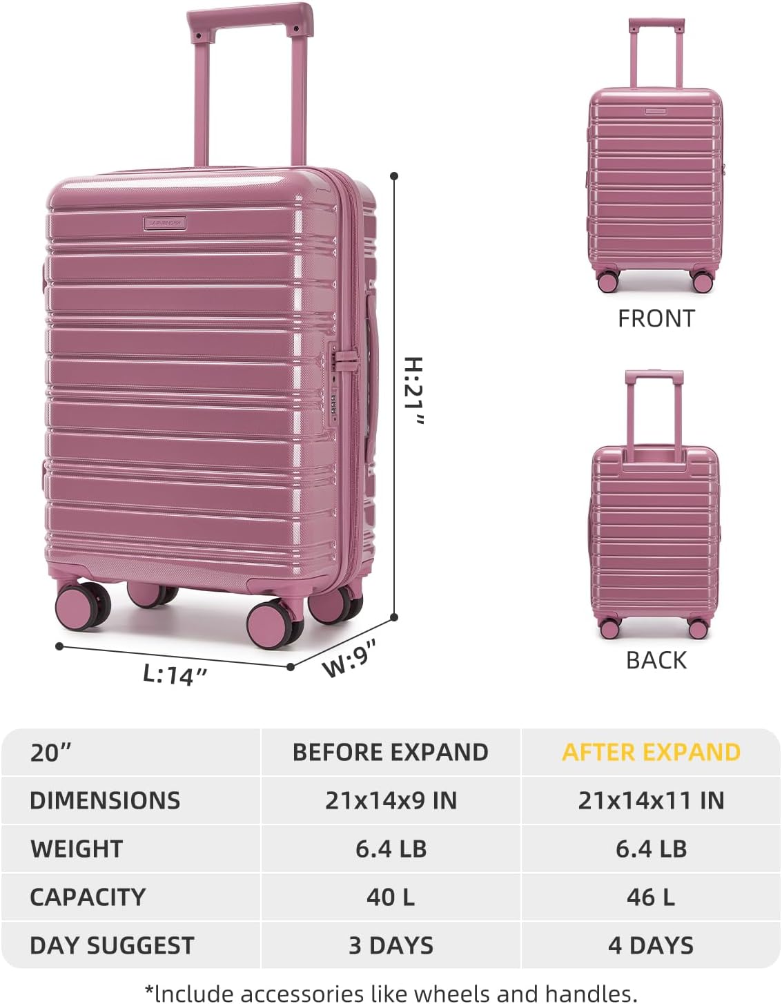 LARVENDER Carry On Luggage 22x14x9 Airline Approved, 20 Inch Expandable PC+ABS Hardside Suitcase Carry On Luggage with Spinner Wheels TSA Lock for Women Men (Silk Rose)