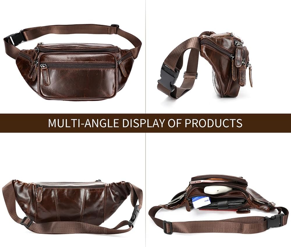 Genuine Leather Fanny Pack Men Women Multi-Pockets sling Waist Bag For Travel Sports Hiking Cycling Fishing Running OilCoffee Large
