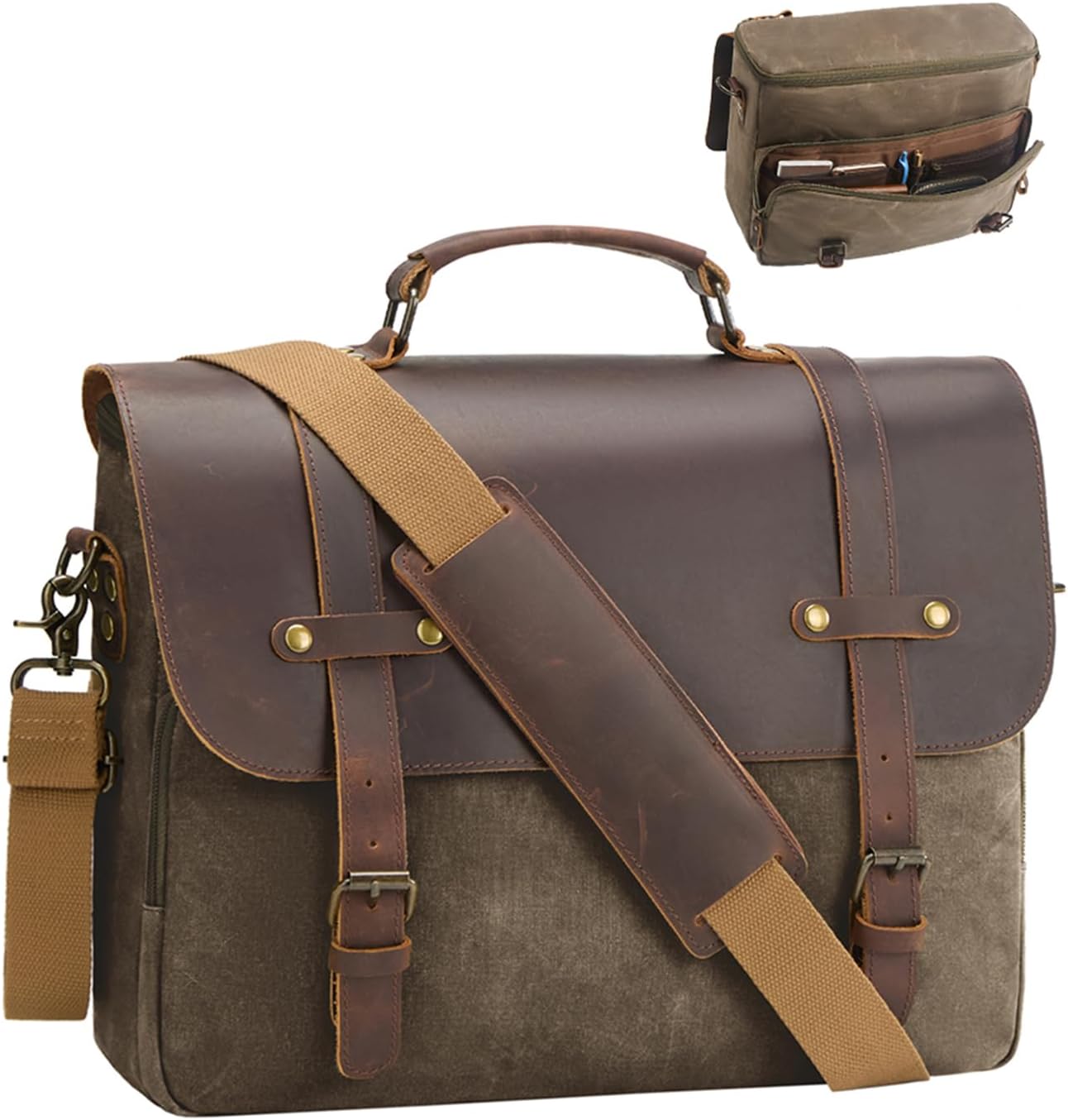Mens Messenger Bag Waxed Canvas Laptop Briefcase 16“ Vintage Genuine Leather Crossbody Bags Waterproof Satchel Shoulder Bag