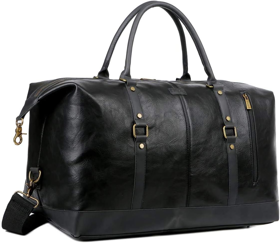 BAOSHA Faux Leather Travel Duffel Tote Bag Overnight Weekender Bag for Men and Women HB-14 (Black)