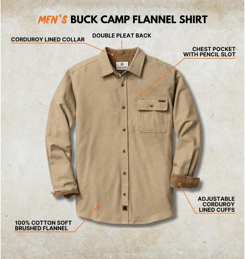 Legendary Whitetails Men's Flannel Shirt Long Sleeve Button Down 100% Cotton