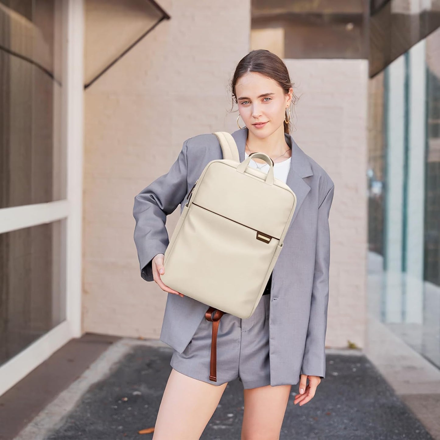 Slim Laptop Backpack for Women, Lightweight Business Backpack for Women Computer Bag Purse for Commuting, Fit 14Inch, Apricot