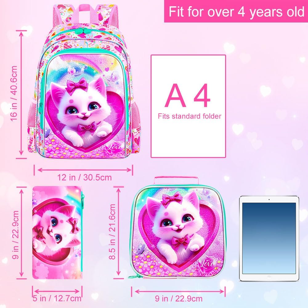 3PCS Girls Backpack, Kids Water Resistant Heart Bookbag Set with Lunch Box, Cute Kids School Bag for Preschool Toddler