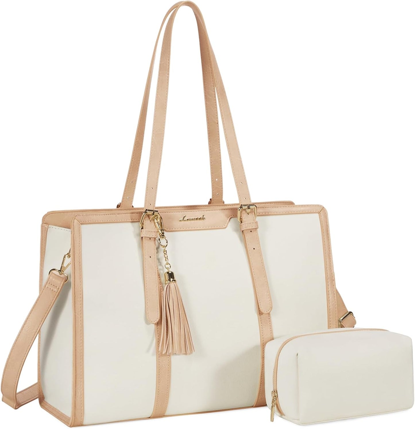 LOVEVOOK Laptop Bag for Women 15.6 inch Lightweight Canvas Laptop Tote Bag, Large Capacity Computer bag with Clutch Purse for Business, Work, Office, Travel, School（Pearl White & Beige，15.6 Inch）
