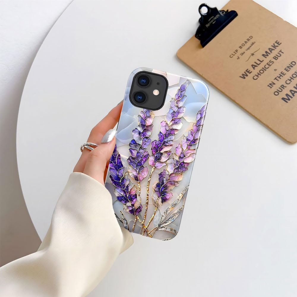 Case for iPhone 12 - Slim Fit Anti-Scratch Phone Case for Girl Women - Lavender Stained Glass Purple Floral (Glossy)