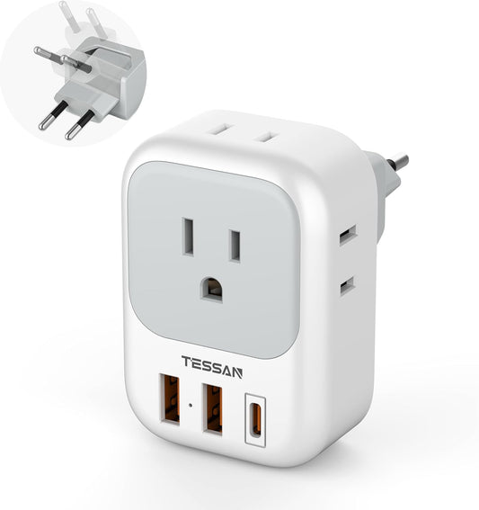 TESSAN European Travel Plug Adapter, Europe Adapter with 4 Outlets and 3 USB(1 USB C PD 20W), International Foldable Plug Type C Power Adaptor for EU Spain France Italy Germany Portugal Iceland