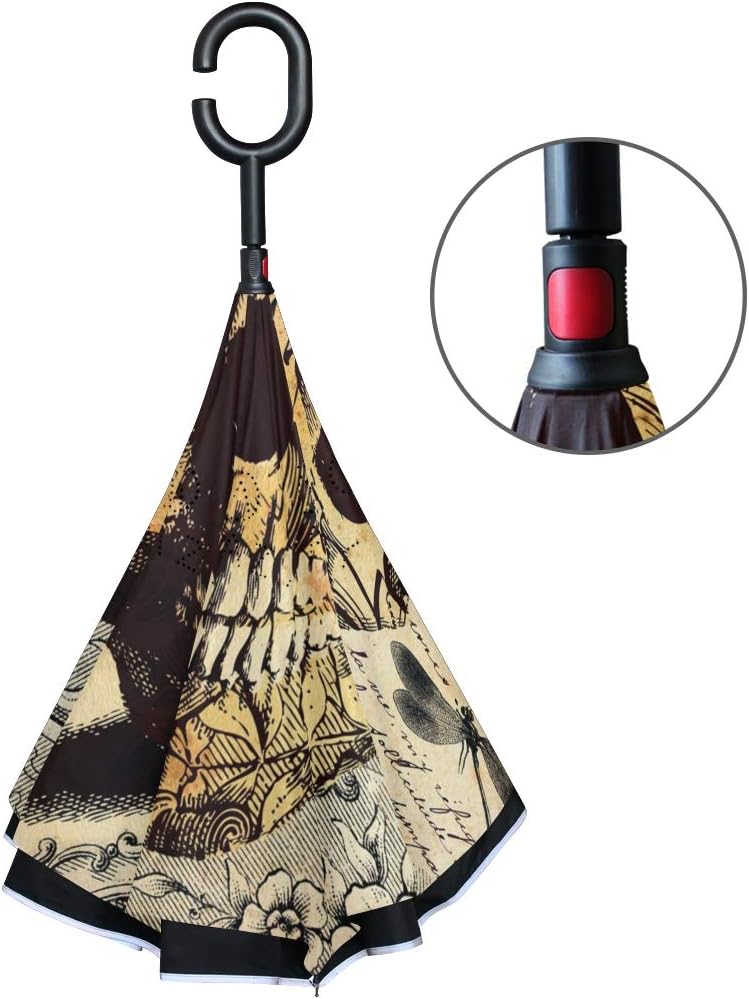 ALAZA Vintage Tattoo Skull Windproof Inverted Open Close Reverse Rain Umbrella Inside Out Quality Waterproof Parasol Upside Down Stick Shelter with Hook c Handle