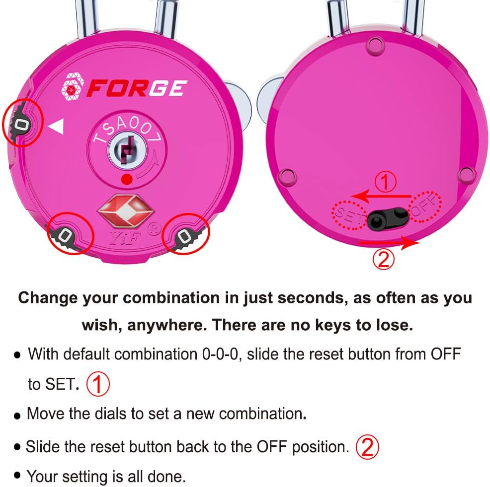 Forge Quality TSA Approved Luggage Locks for Travel Accessories, Suitcase, Pelican case, Set Your own Combination, Zinc Alloy Body-Cable Locks Pink 2 Locks