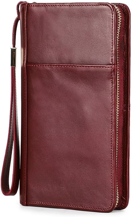 Unisex Genuine Leather Wallet Large Capacity RFID Blocking Passport Holder with Multiple Card Slots (Red)