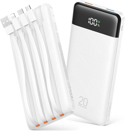 20000mAh Power Bank Fast Charging, Portable Charger with 4 Built-in Cables & 6 Outputs, 20W PD USB C Battery Pack Compatible with iPhone 16/15, Galaxy, Android, iPad & More (Travel Essential)