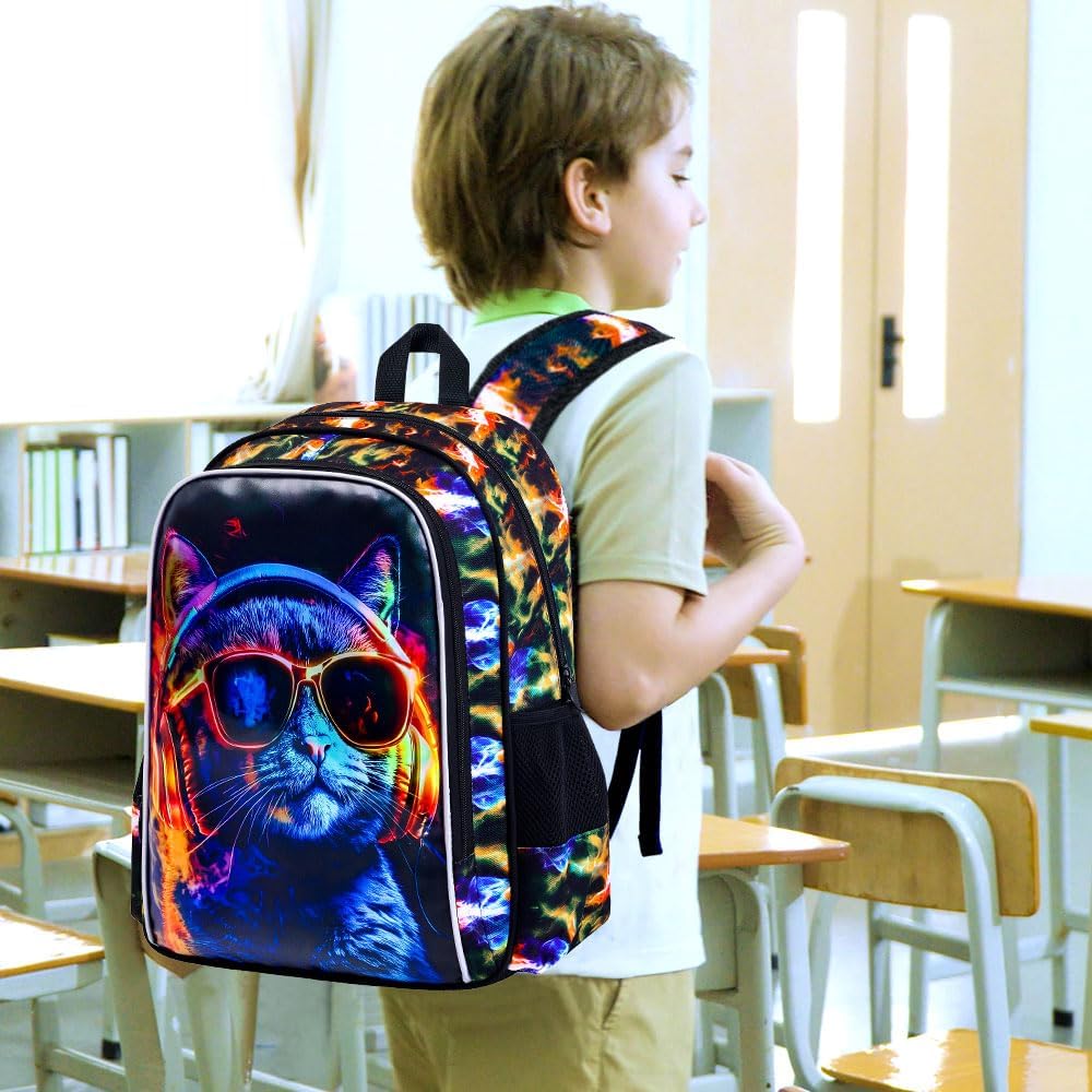3PCS Boys Cat Bookbag, Water Resistant Kids Backpack with Lunch Box, 17" School Bag Set for Teenagers Middle Elementary - Sunglasses Cat